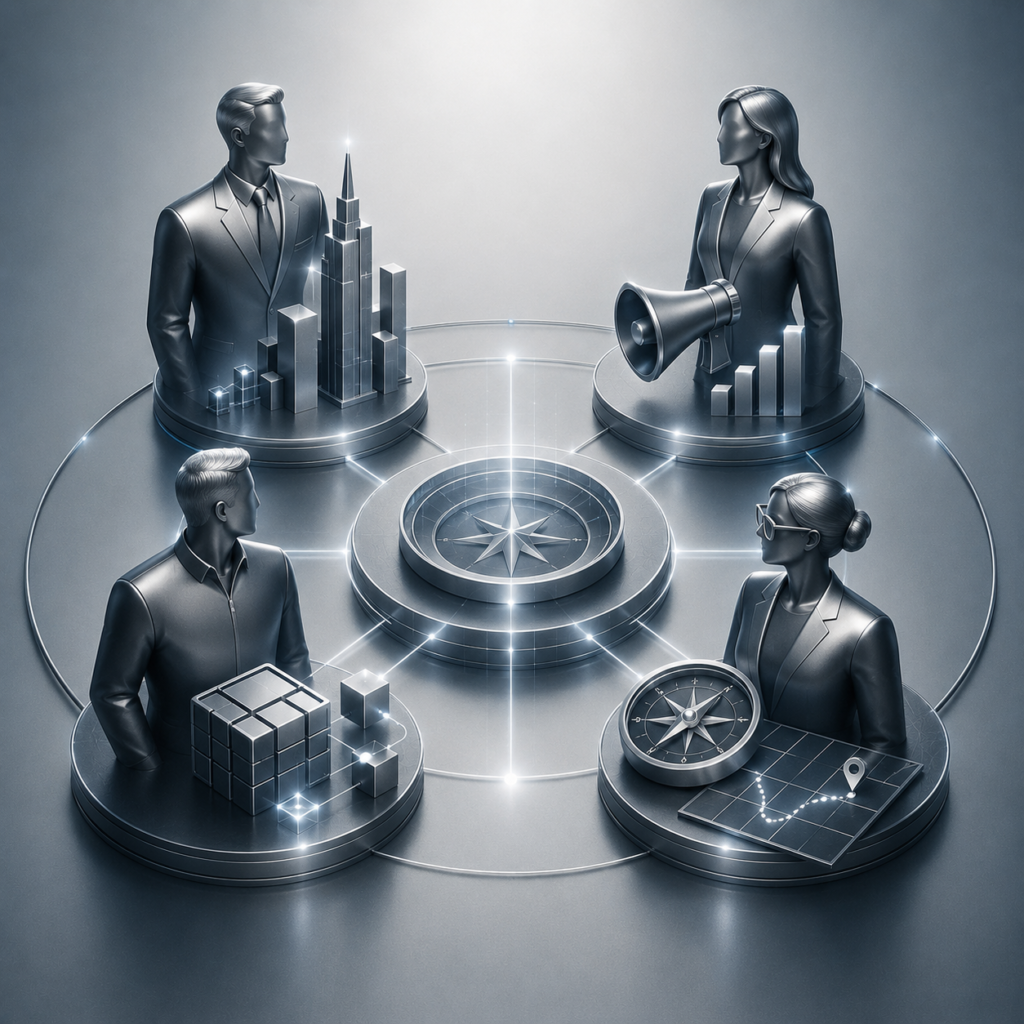 Illustration of business leaders setting market strategy